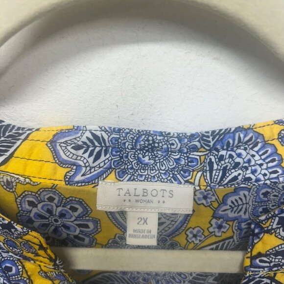 Talbots Womens 2X Yellow & Blue Floral Print Blouse With 3/4 Sleeves - Picture 3 of 9